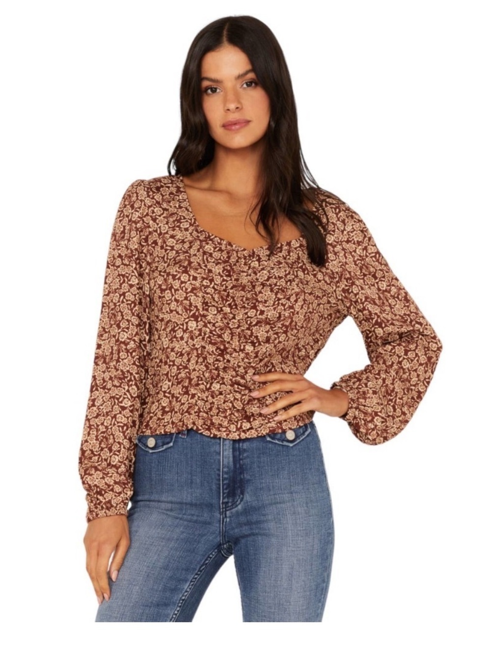 IDYLLWIND BY MIRANDA LAMBERT Brown Tan Floral Print Ruched Long Sleeve Top S